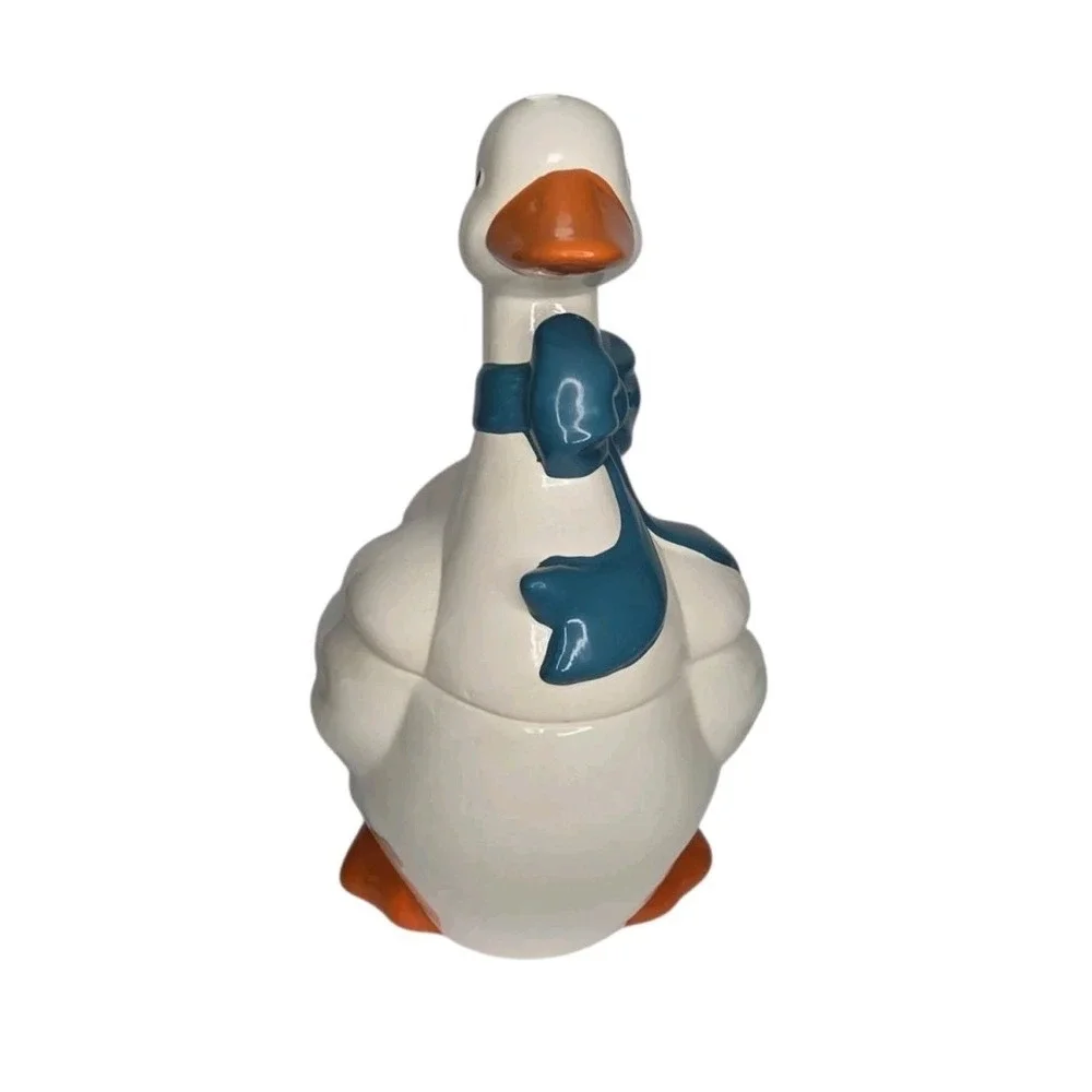 VTG Mother Goose Ceramic Cookie Jar Blue Ribbon Bow Orange Feet Cottagecore